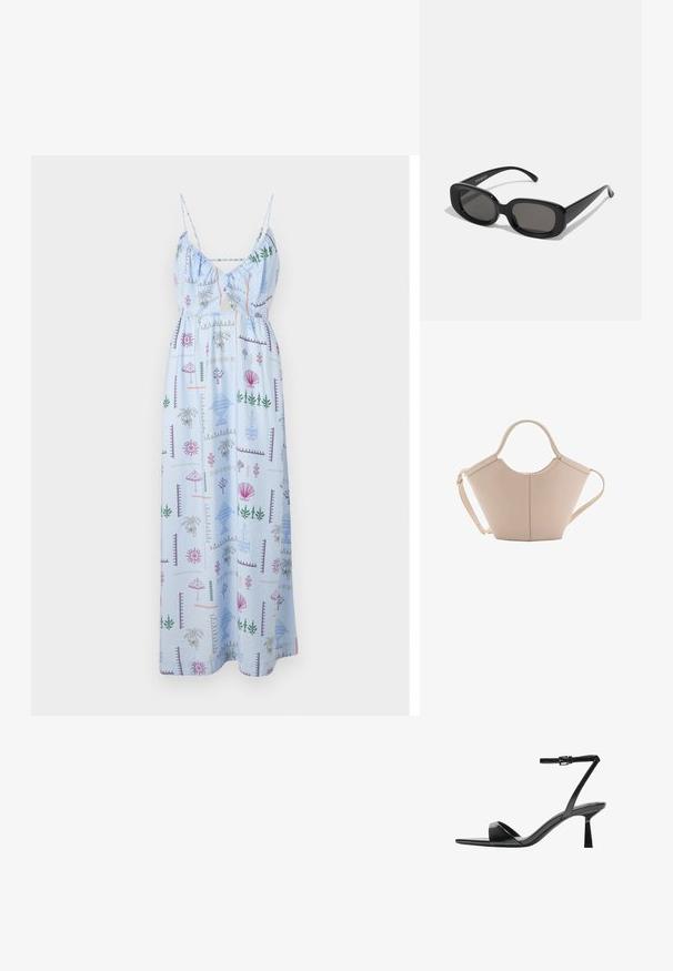 Rochie maxi de culoare albastră deschisă, cu bretele subțiri, având un bust strâns și un imprimeu colorat de vară, cu plante și scoici, pe toată suprafața.; Bershka Sandale cu toc - black; Ochelari de soare dreptunghiulari negri cu lentile întunecate. Ramă groasă din plastic, textură netedă și colțuri rotunjite. Temele elegante se extind în exterior.; Geantă de mână bej din piele cu o formă unică, dotată cu două mânere scurte și o curea lungă ajustabilă. Textură netedă, cu hardware minim.
