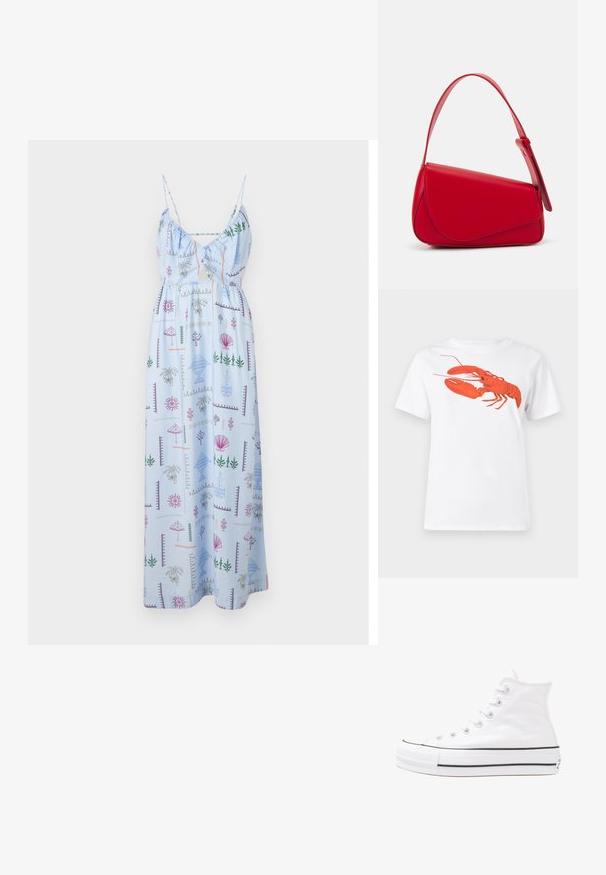 Šviesiai mėlynas maksi suknelė su petnešomis, turinti susiraukšlėtą krūtinę ir viso paviršiaus spalvingą vasaros tematikos raštą su augalais ir kriauklėmis.; Balta medvilnė marškinėliai su dideliu, ryškiu raudonu omaru grafiku priekyje. Trumpomis rankovėmis ir standartiniu apvaliu kaklu.; Balti aukštakulniai drobės sportbačiai su juodu guminio pado, priekinio guminio piršto dangteliu ir šešiais akytėmis raištams, pasižymintys švariu, minimalistiniu dizainu.; Raudona odinė rankinė su kampuota, geometrine forma. Pasižymi viena reguliuojama dirželiu ir dangteliu su siuvinėtais dekoracijomis.