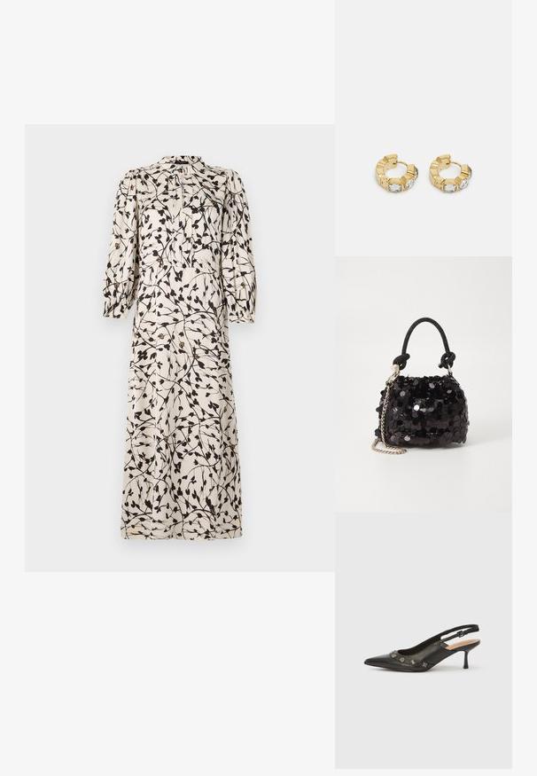 Dlouhé krémové šaty s černým květinovým potiskem, nařasené rukávy, zapínání na knoflíky a vysoký límec. Hladká tkanina s splývavým střihem.; Černá kožená lodička se zadním páskem, špičatou špičkou, nízkým podpatkem a dekorativními kovovými detaily podél předního otevření. Hladký povrch.; Černá mini kabelka s flitry, s uzlovým texturovaným popruhem a stříbrným řetízkem. Zaoblený tvar s nařaseným vrchem a reflexními detaily.; Zlaté kruhové náušnice s texturovaným designem a třemi jasnými krystalovými akcenty na jedné straně, které nabízejí moderní geometrickou estetiku.
