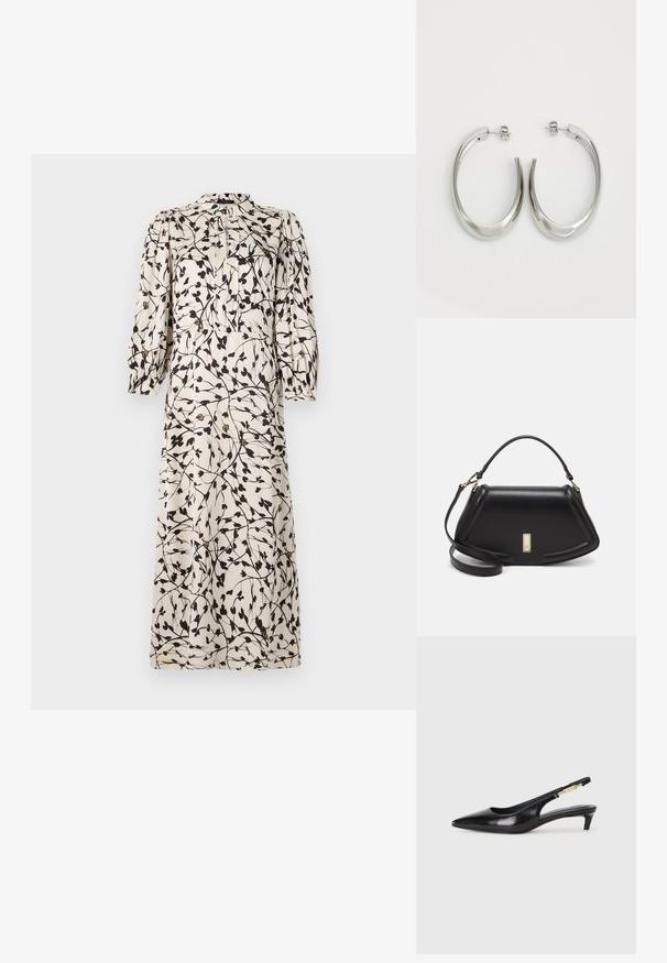 Abito lungo crema con stampa floreale nera, maniche arricciate, chiusura con bottoni e colletto alto. Tessuto liscio con una silhouette fluida.; Tacchi slingback in pelle nera con punta affusolata, caratterizzati da un tacco alto e un accento dorato sulla cinghia regolabile. Texture liscia.; Borsa a mano in pelle nera con un design strutturato, caratterizzata da una forma corta, manico superiore e accessori in metallo dorato. Inclusa tracolla regolabile.; Orecchini a cerchio argentati con un design liscio e curvo. Presentano una finitura metallica lucida e una chiusura a perno. Nessun motivo o accentuazione visibile.