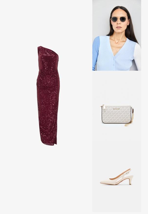 Burgundowa sukienka ozdobiona cekinami, z asymetrycznym dekoltem, dopasowanym krojem i bocznym rozporkiem, z gładką podszewką.; Biała szpilka slingback z ostrym noskiem, gładkim materiałem wierzchnim, niskim obcasem blokowym oraz wycięciami po bokach i regulowanym paskiem z klamrą.; Okrągłe okulary przeciwsłoneczne z ciemnymi soczewkami i złotymi ramkami. Modelka nosi jasnoniebieski kardigan w prążki z guzikami i białymi rękawami w kontrastowym kolorze.; Portfel na nadgarstek marki Michael Kors w beżowej, pokrytej płótnem, z powtarzającym się wzorem logo MK, złotym okuciem i odpinanym łańcuszkowym paskiem.