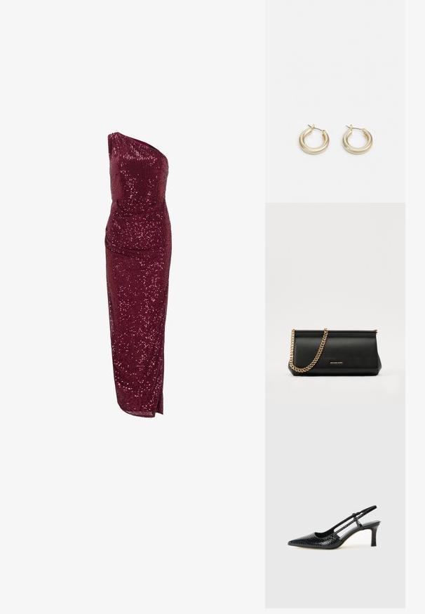 Burgunderfarbenes Kleid mit Paillettenverzierungen, einer Schulterdesign, figurbetonter Silhouette und seitlichem Schlitz, ausgestattet mit einem glatten Innenfutter.; Schwarze Lack-Slingback-Pumps mit spitzem Zehenbereich, versehen mit strukturiertem Schlangenprint, verstellbarem Riemen und einem kurzen, strukturierten Blockabsatz.; Schwarze Leder-Clutch mit einer goldenen Ketten-Trage, die eine glatte Oberfläche, rechteckige Form und geprägtes Branding auf der Vorderseite aufweist.; Lauren Ralph Lauren BASIC SMALL HOOP - Ohrringe - gold-coloured