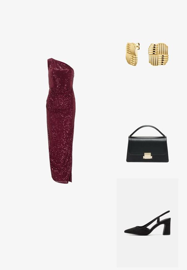 Abito bordeaux decorato con paillettes, con design a spalla unica, silhouette aderente e spacco laterale, dotato di una morbida fodera interna.; Scarpa con tacco a rocchetto in suede nero, punta affilata, cinturino regolabile e tacco spesso. Design minimalista con texture liscia.; Borsa a tracolla in pelle nera con design strutturato, manico superiore e dettaglio in metallo dorato sulla parte frontale. Texture liscia, cuciture minime.; Orecchini in tonalità oro con forma quadrata, caratterizzati da scanalature orizzontali e verticali in rilievo per dettagli di texture e motivo. Chiusura a scatto sicura.