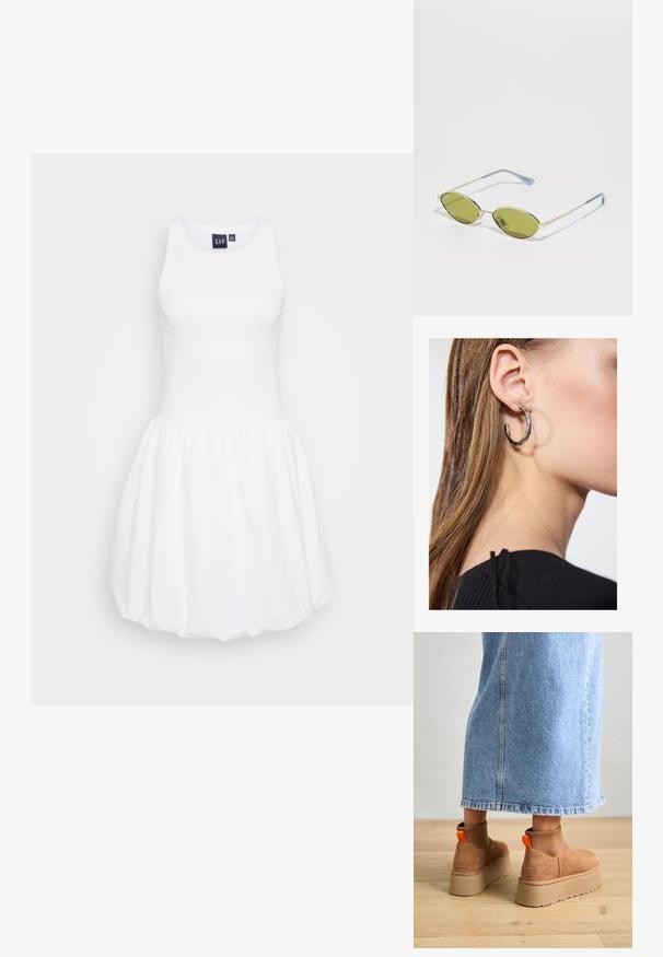 Balta tankų suknelė su prigludusia viršutine dalimi ir rinktine, platėjančia sijone. Pagaminta iš minkštos medžiagos, turi apvalų iškirpimą ir nematomus raštus.; Rudos zomšiniai platforminiai batai su elastingomis šoniniais panirais ir oranžinėmis kilpomis, derinami su kelio ilgio šviesių džinsų sijonu ant medinių grindų.; Alyvos spalvos saulės akiniai su plonu auksiniu rėmu ir mėlynais akcentuotais šonais. Ovalūs objektyvai ir minimalistiškas dizainas.; Sidabrinė lankinė auskarai su poliruotu paviršiumi, turintys mažus auksinius akcentus ir apvalią formą, dėvimi ant ausies kaušelio.