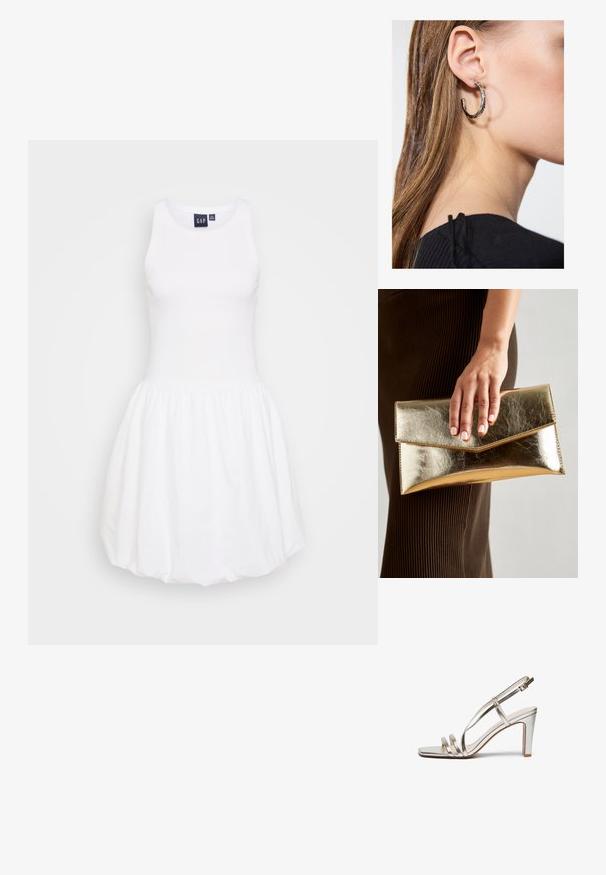Vestido branco de alças com um top justo e uma saia plissada e rodada. Feito de um tecido suave, apresenta um decote redondo e sem padrões visíveis.; Sandal de salto alto prateado metálico com biqueira aberta, apresentando três tiras finas sobre o pé e uma tira no tornozelo com fivela.; Bolsa de mão metálica dourada com uma textura suave, apresentando um fecho em aba triangular. A mão que a segura tem unhas bem cuidadas.; Brinco de argola prateada com acabamento polido, apresentando pequenos detalhes em dourado e uma forma redonda, usado na orelha.