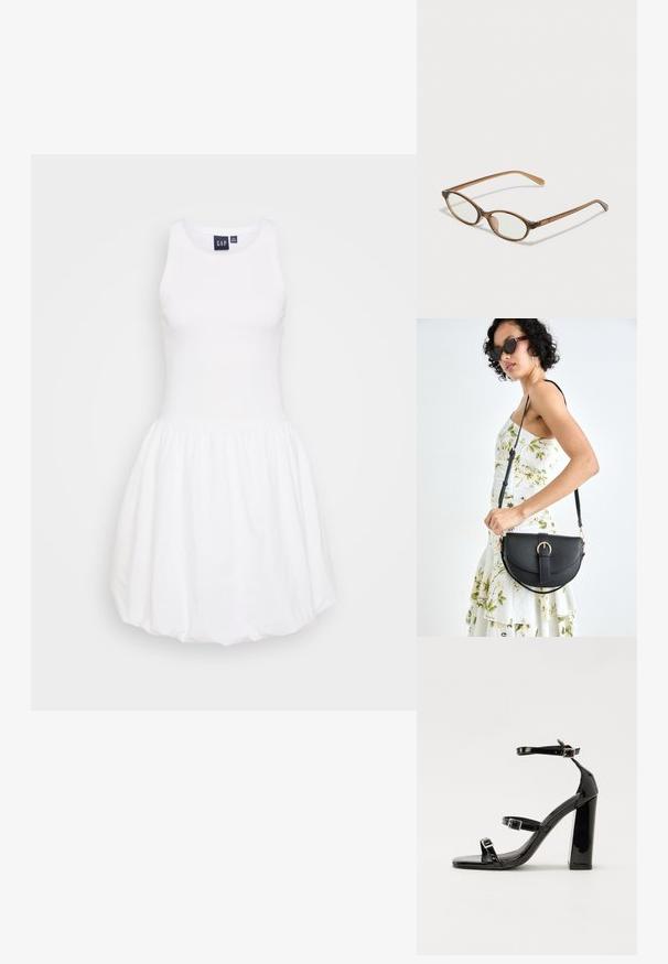 Vestido de tirantes blanco con un top ajustado y una falda acampanada y recogida. Hecho de una tela suave, presenta un escote de barco y sin patrones visibles.; Sandalias de tacón de charol negro con punta cuadrada, correas en el tobillo y hebillas plateadas. Presentan un tacón grueso para mayor estabilidad.; Gafas de carey marrón con lentes ovalados, patas delgadas y acentos transparentes. Presenta un sutil logo en la varilla. Diseño elegante y ligero.; Bolso de piel negra con forma curva, correa desmontable y herrajes dorados. El bolso cuenta con una solapa con un detalle de hebilla.