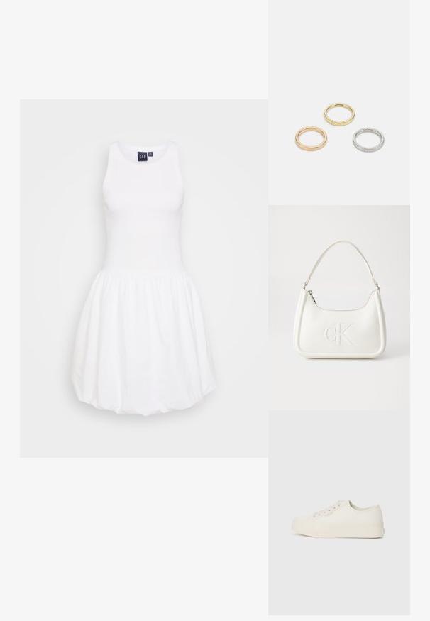 Witte tankjurk met een aansluitende bovenkant en een geplooide, ronde rok. Gemaakt van zachte stof, met een ronde hals en zonder zichtbare patronen.; Sneakers van off-white canvas, met een laag ontwerp, ronde neus en platte rubberen zool met subtiele stiksels.; Witte lederen handtas met een gebogen vorm, voorzien van een reliëf "CK" logo aan de voorkant en een enkele schouderriem. Ritsluiting aan de bovenkant.; Drie metalen ringen: één roségoud, één goud met een gestructureerd accent en één zilver, allemaal met gegraveerde branding aan de binnenzijde.
