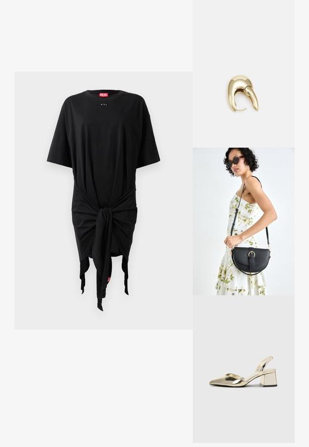Černé bavlněné šaty v podobě trička s krátkými rukávy, s uzlovým detailem v pase a štítkem s logem. Hladká textura a volný střih.; Kovové zlaté pantofle na podpatku s špičatou špičkou a masivním podpatkem. Hladký povrch, minimalisticý design a úzký pásek.; Černá kožená kabelka s křivkovým tvarem, odnímatelným popruhem a zlatými detaily. Kabelka má klopu s přezkou.; Náušnice ve zlatém tónu z kovu s elegantním zakřiveným designem. Vyznačují se jedinečným špičatým tvarem, lesklým povrchem a závěsem na kloub.