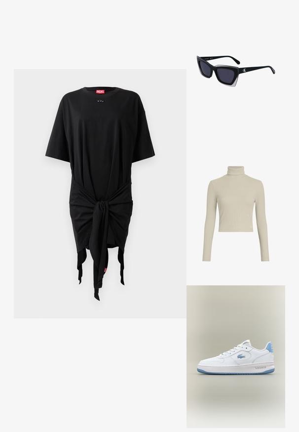 Czarna bawełniana sukienka t-shirtowa z krótkimi rękawami, z węzłem w talii i metką z logo. Gładka faktura i luźny krój.; Jasny beżowy top z długim rękawem i golfem, o dopasowanym kroju. Posiada subtelny metkę z logo na brzegu. Gładka faktura.; Białe trampki Lacoste z jasnoniebieskimi akcentami, sznurówki z przodu i logo krokodyla na boku oraz pięcie, izolowane na neutralnym tle.; Czarne, oversize okulary przeciwsłoneczne o geometrycznym kształcie, z ciemnymi soczewkami i kontrastującym szarym detalem na oprawie. Logo na ramieniu.