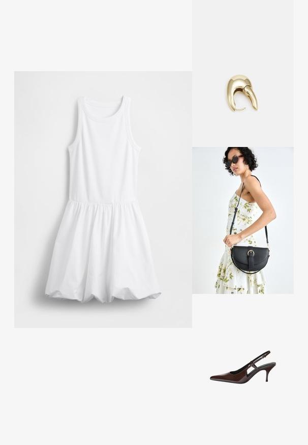 Hvid tanktopkjole med en tætsiddende overdel og et samlet, flydende skørt. Fremstillet af blødt bomuldsstof med ribbet struktur.; Brune patentlæder slingback pumpe med spids tå, åbne udskæringer og en tynd hæl. Har en justerbar spænde rem.; Sort læderhåndtaske med en buet form, aftagelig rem og guldfinish. Tasken har en klap med en spænde detalje.; Guldtonet metal ørering med et slankt, buet design. Har en karakteristisk spids form, poleret overflade og hængselåbning.