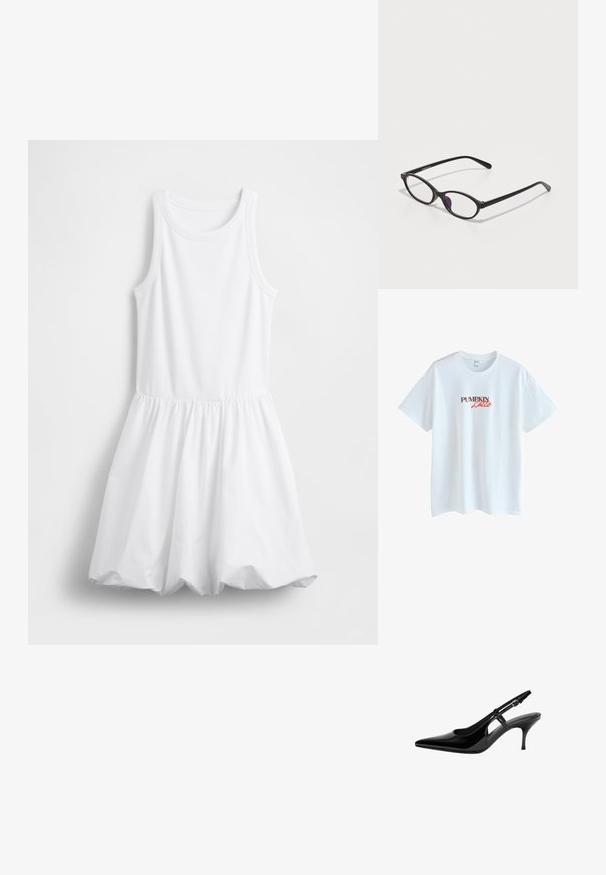 Bela obleka brez rokavov z oprijetim zgornjim delom in nabrano, tekočo krilo. Izdelana iz mehke bombažne tkanine z rebrasto teksturo.; Bela bombažna majica z napisom "PUMPKIN Latte" natisnjenim v rjavi in rdeči barvi. Enostaven kroj s krožnim izrezom in kratkimi rokavi, sproščenega fit.; Črne patentne usnjene slingback čevlje s koničastim nosom, odprtimi stranskimi izrezi, ozkim petam in nastavljivim gležnjava.; Črne plastične očala ovalne oblike, opremljena s prozornimi lečami in enim purpurnim poudarkom na levi leči. Elegantna, minimalistična zasnova.; Bela sintetična torbica v obliki trikotnika, z ravnim sprednjim poklopcem in detajlom mašne, nastavljivim trakom, gladko teksturo in minimalističnim dizajnom.