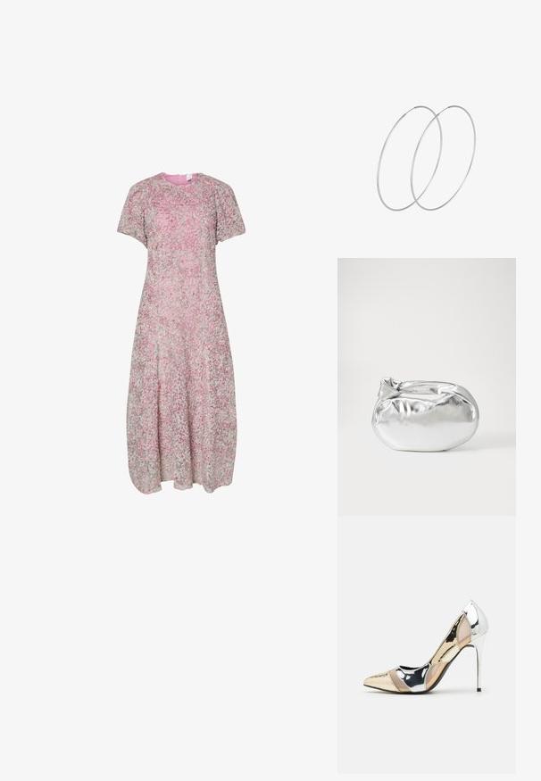 Ziedu raksta, īsām piedurknēm kleita rozā un zaļā krāsā. A līnijas siluets ar apaļu kakla izgriezumu un vieglu teksturētu audumu.; Apspīlēta augstpapēžu kurpe ar zeltītu, sudrabi un neitrālu krāsu kombināciju. Spīguļojoša virsma ar izgriezuma dizainu, aprīkota ar stiletto papēdi.; Sudraba metāliska poga somiņa ar mīkstu, noapaļotu formu un mezgla augšējo aizdari. Izgatavota no gludas mākslīgās ādas materiāla.; Sudraba gredzenveida auskari ar minimālistisku dizainu. Cirkulāra forma, gluda tekstūra un plāns profils. Vieglu svaru ar spīdīgu apdari.