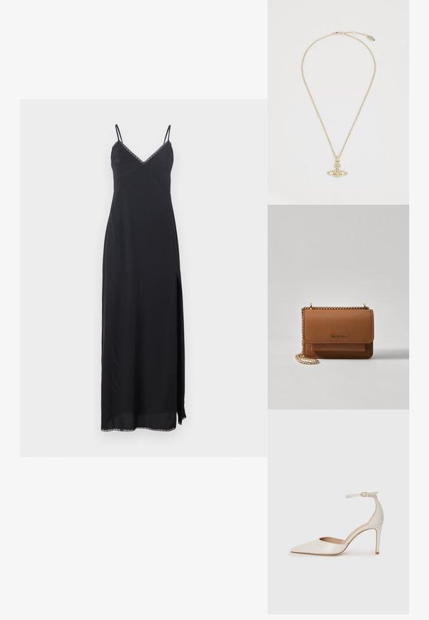 Mustmust mustrõiv mustade õhukeste rihmadega, V-kaelusega, külje lõhikuga ja dekoratiivse äärisega kaeluse ja allääre ümber. Valmistatud kergest materjalist.; Valgete nahast kõrge kontsaga kingad, terava varbaga, ankle strapiga ja kitsaste stiletto kontsadega. Sile tekstuur koos peene läikega.; Pruun tekstureeritud nahk ristkeha kott kuldse ahelaga rihmaga ja klapiga sulgemine. Esiküljel on logo detail ja tasku klapi all.; Vivienne Westwood MAYFAIR BAS RELIEF PENDANT - Kaelakee - gold-coloured