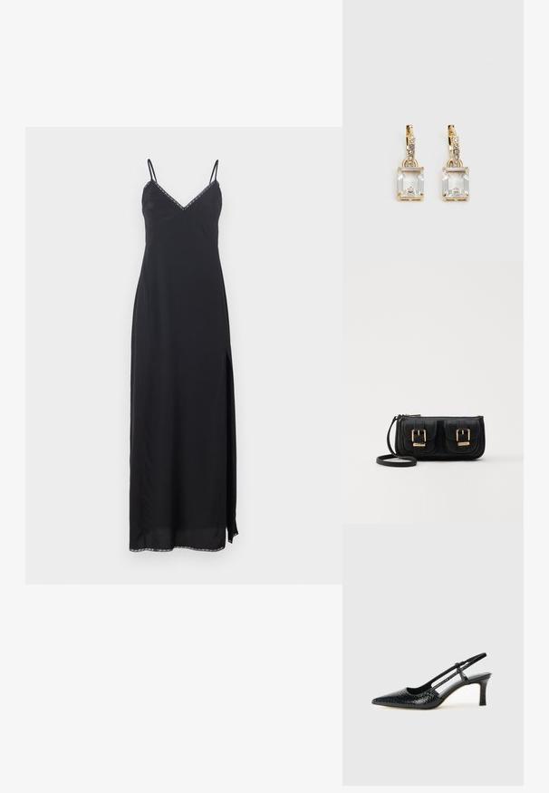 Schwarzes Slipkleid mit dünnen Trägern, V-Ausschnitt, seitlichem Schlitz und dekorativem Besatz entlang des Ausschnitts und Saums. Hergestellt aus leichtem Material.; Schwarze Lack-Slingback-Pumps mit spitzem Zehenbereich, versehen mit strukturiertem Schlangenprint, verstellbarem Riemen und einem kurzen, strukturierten Blockabsatz.; Schwarze Leder-Umhängetasche mit zwei vorderen Taschen, goldenen Schnallen, Reißverschluss und einem schmalen Tragegurt. Texturierte Oberfläche und kompakte rechteckige Form.; Ohrringe in Goldfarbe mit einem rechteckigen, durchsichtigen Kristall, der unter einer Reihe kleiner, runder klarer Akzente hängt. Elegantes, modernes Design.