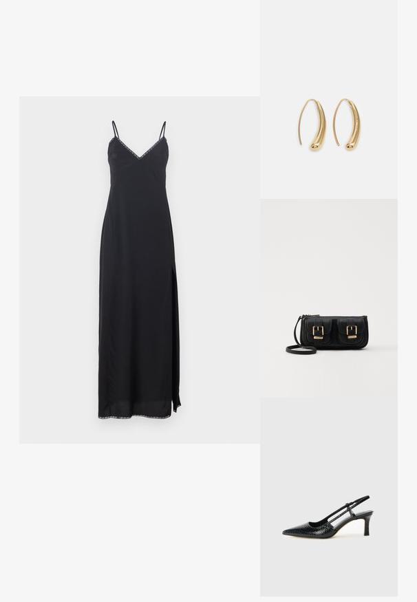 Rochie neagră tip slip, cu bretele subțiri, decolteu în V, slit pe lateral și dantelă decorativă pe decolteu și tiv. Fabricată dintr-un material ușor.; Pantofi cu toc slingback negri din patent, cu vârf ascuțit, cu imprimeu de șarpe texturat, curea ajustabilă și toc scurt texturat.; Geantă neagră din piele, tip crossbody, cu două buzunare frontale, catarame aurii, închidere cu fermoar și o curea subțire. Suprafață texturată și formă rectangulară compactă.; Cercei din metal auriu, cu un design curbat și alungit. Au o suprafață netedă și strălucitoare, cu un vârf rotunjit pentru un detaliu suplimentar.