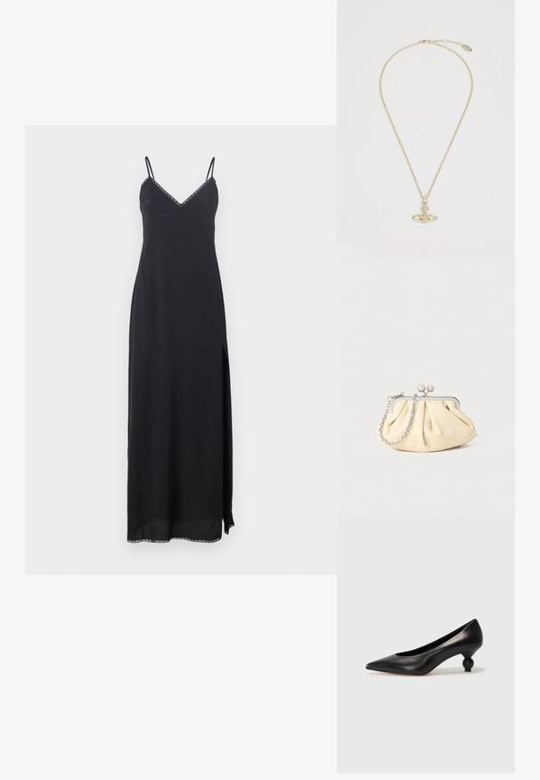 Mustmust mustrõiv mustade õhukeste rihmadega, V-kaelusega, külje lõhikuga ja dekoratiivse äärisega kaeluse ja allääre ümber. Valmistatud kergest materjalist.; Must musta kõrge kontsaga king, millel on terav nina ja ümar, pallikujuline konts. Sile pind ja elegantne, minimalistlik disain.; Kortsus beežist nahast kotike, millel on hõbedane metallraam, kaunistatud kahe ümmarguse dekoratiivse lukuga ja hõbedase ketispideme. ; Vivienne Westwood MAYFAIR BAS RELIEF PENDANT - Kaelakee - gold-coloured