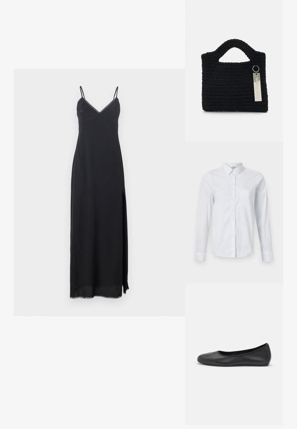 Schwarzes Slipkleid mit dünnen Trägern, V-Ausschnitt, seitlichem Schlitz und dekorativem Besatz entlang des Ausschnitts und Saums. Hergestellt aus leichtem Material.; Weißes langärmeliges Hemd aus Baumwolle, mit Kragen, durchgehender Knopfleiste und einer einzelnen Brusttasche. Glatte Textur. Kein Muster.; Schwarze Leder-Ballettschuhe mit abgerundeter Spitze, glatter Textur, minimalen Nähdetails und einem flexiblen Sohlen-Design.; Won Hundred MARSIELLE COMPUTER BAG UNISEX - Notebooktasche - black