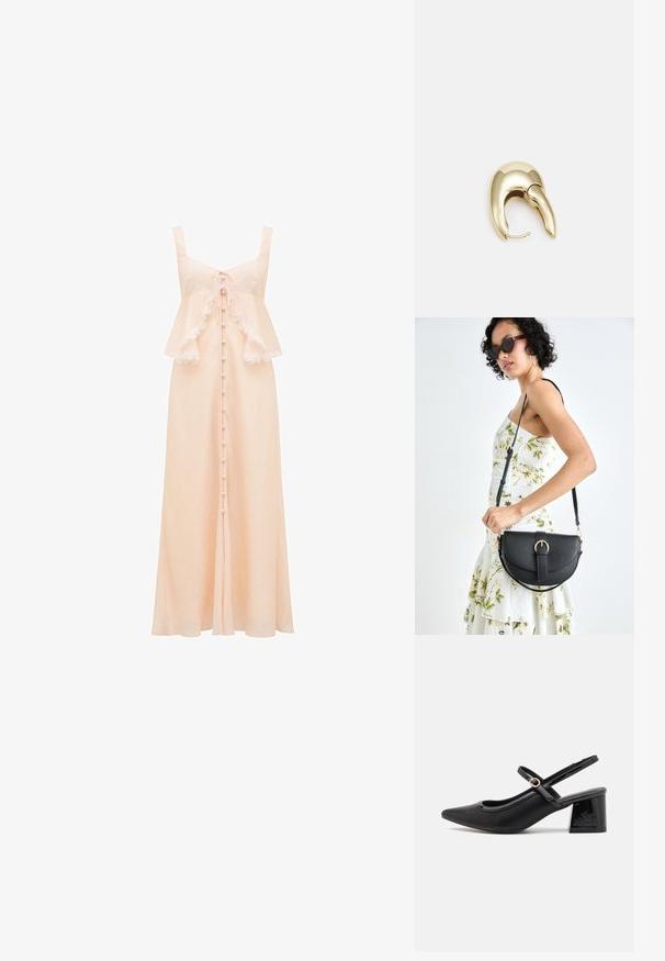 Forever New LILIAN TRIM OVERLAY MIDI - Kokteilikleit/peokleit - pale pink; Mustad läikivad nahast slingback-kõrged kontsad, millel on terav nina, ümar lõikekujundus ja blokknina. Omab kuldset nupu aktsenti.; Mustmust mustraha kõverate joontega, eemaldatava rihmaga ja kuldsete detailidega. Kotil on klapp, millel on pandladetail.; Kuldtooni metallist kõrvarõngas, millel on elegantne ja kaarjas disain. Omab silmapaistvat teravat kuju, poleeritud pinda ja hingesulgemist.