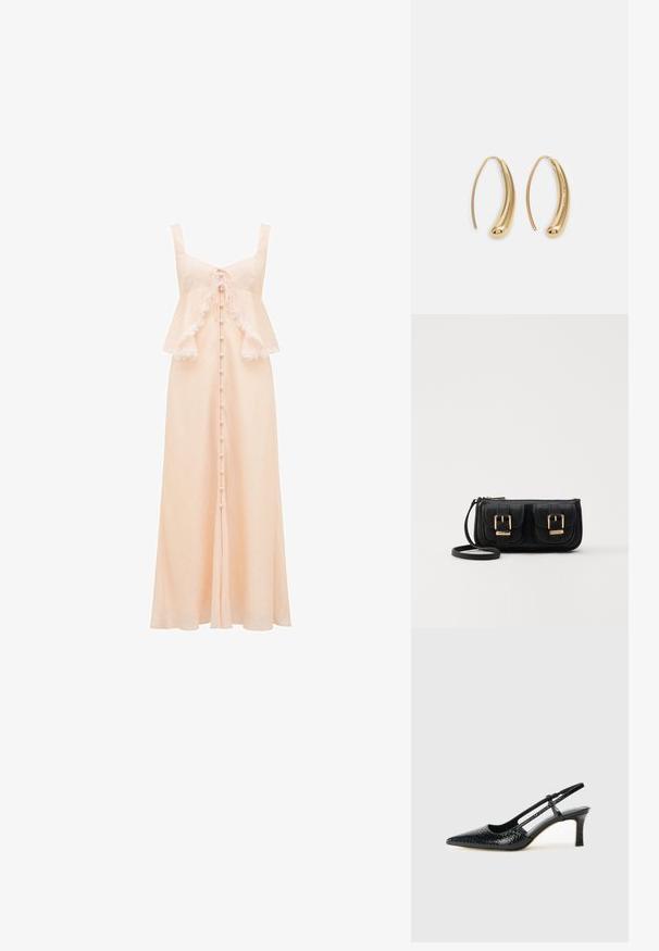 Forever New LILIAN TRIM OVERLAY MIDI - Kokteilinė suknelė / vakarėlių suknelė - pale pink; Juodai lakuoti slingback aukštakulniai su smailiu nosiu, su tekstūruotu gyvatės raštu, reguliuojama juosta ir trumpu, tekstūruotu blokiniu kulnu.; Juodas odinis per petį nešiojamas krepšys su dviem priekiniais kišenėmis, auksiniais sagtimis, užtrauktuko uždarymu ir siauromis petnešomis. Textūruota paviršius ir kompaktiškas stačiakampis formatas.; Auksinės metalinės auskarų kabės su lenktą, pailgą forma. Turi lygų, blizgantį paviršių ir užapvalintą galiuką papildomam akcentui.