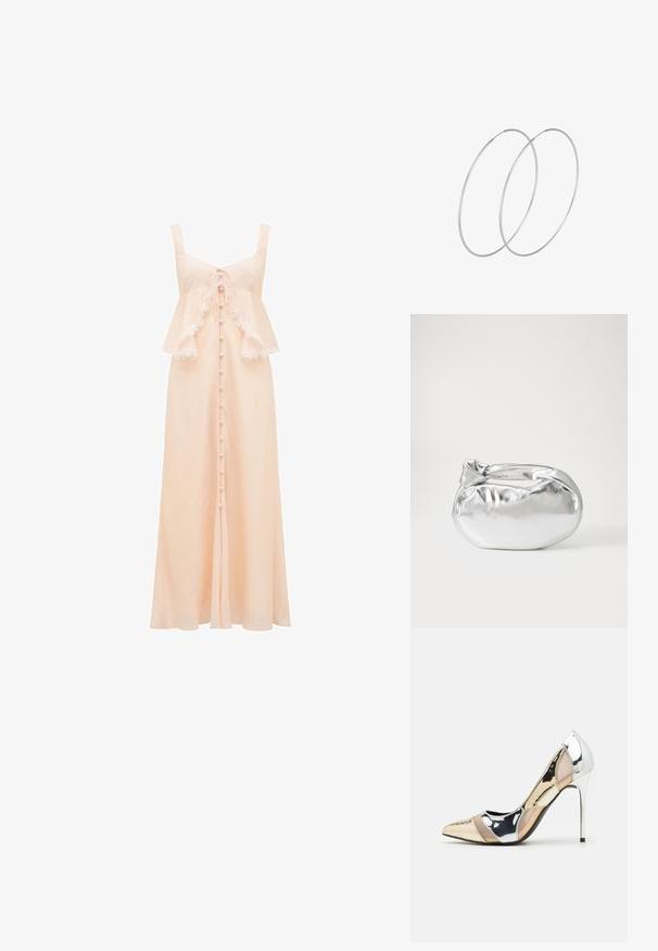 Forever New LILIAN TRIM OVERLAY MIDI - Koktejlové šaty / šaty na párty - pale pink; Lodička s špičatou špičkou a kombinací stříbrné, zlaté a tělové barvy. Lesklý povrch s vykrojeným designem, s jehlovým podpatkem.; Stříbrná kovová taška s měkkým, zaobleným tvarem a uzávěrem s uzlem. Vyrobena z hladké umělé kůže.; Stříbrné kruhové náušnice s minimalistickým designem. Kruh, hladký povrch a tenký profil. Lehká konstrukce s lesklým povrchem.