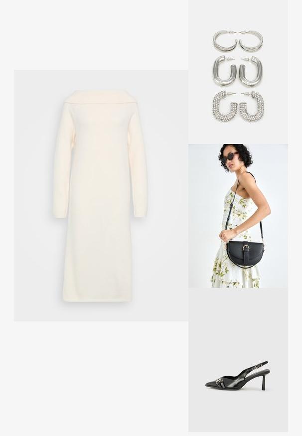 Strikket kjole i mykt kremfarget stoff, med off-shoulder halslinje, lange ermer og en rett silhuett som faller under kneet.; Sorte patentlær slingback-sko med spiss tå, ankelremmer med sølvspenner og detaljer, og en slank hæl.; Svart lærveske med en buet form, avtagbar stropp og gullbeslag. Vesken har et klaff med spenne-detall.; Fire par med sølvøredobber: to blanke glatte hoop-design, ett med tekstur og ett dekket med små klare rhinestones.