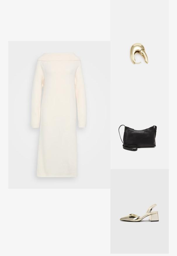 Megztinė su švelnios kreminės spalvos audiniu, su nuoga pečių iškirpte, ilgomis rankovėmis ir tiesia siluetu, kuris eina žemiau kelių.; Auksiniai, metaliniai slingback aukštakulniai bateliai su smailiu pirštu ir masyviu kulnu. Lygus paviršius, minimalizmo dizainas ir siaura juostelė.; Juodas odinis petinis krepšys su lygiu paviršiumi, išlenkta forma, reguliuojama dirželiu ir užtrauktuku. Minimalistinis dizainas be puošmenų.; Aukso tono metalinės auskarai su stilingu, kreiviu dizainu. Išsiskiria ryškiu smailiu pavidalu, poliruota paviršiumi ir užsegimu su vyriu.