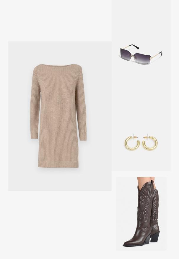 Trikotāžas svarka kleita bēšā krāsā ar atklātiem pleciem, garām piedurknēm, ribota tekstūra un brīvu piegriezumu.; Brūni ādas kovboju zābaki ar norādītu purngalu un blokveida papēdi, ar detalizētu šūšanu un paceltiem akcentiem uz kājas daļas.; Saulesbrilles ar pelēko gradienta lēcu, zelta metāla rāmi un melnām plastmasas detaļām. Unikāli tauriņa formas lēcas ar plānām kājām.; Zelta auskari ar gludu, spīdīgu apdari. Apaļš dizains, kas ietver mazu tapu un caurspīdīgu pamatni drošai valkāšanai.