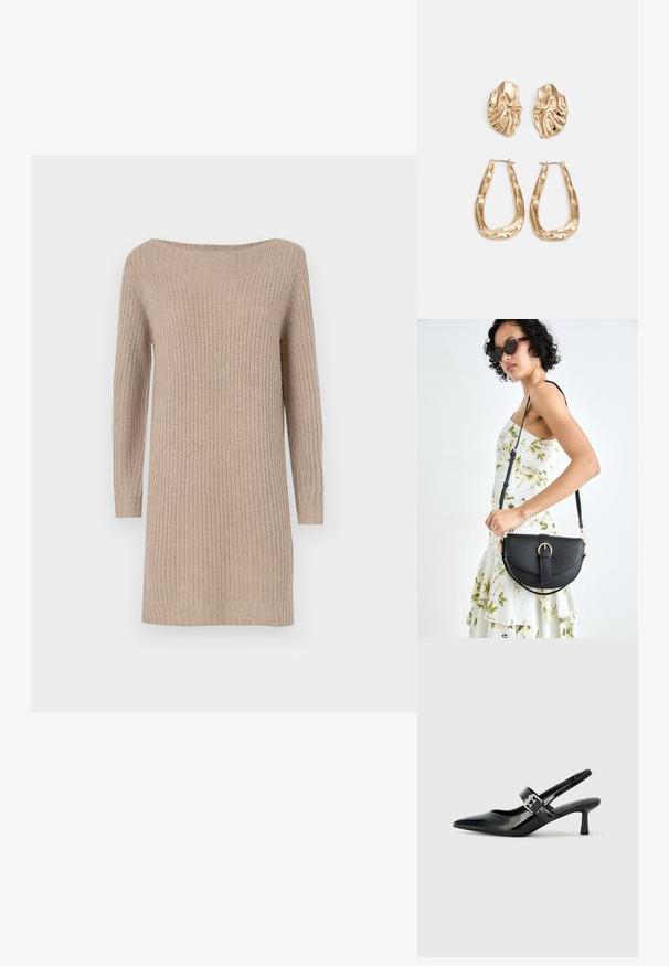 Pleteni pulover obleko v bež barvi z ovratnikom, ki se nosi brez naramnic, dolgimi rokavi, rebrasto teksturo in sproščenim krojem.; Črne patent usnjene slingback pete s koničastim nosom in majhnim blok peto, ki vključujejo srebrno zaponko na traku.; Črna usnjena torbica s ukrivljeno obliko, z odstranljivo naramnico in zlatimi dodatki. Torbica ima pokrov s podrobnostmi v obliki zaponke.; Zlato obarvani uhani z teksturiranimi, valovitimi oblikami. Vključujejo skulpturalne sponke za ušesa in odprto obliko obročka s kladivastim finišem.