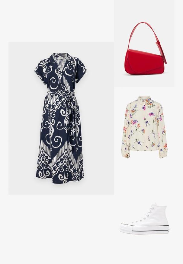 Tumed sinine kleit valgete keeristega, lühikeste varrukatega, kraega ja seotud vööga. Kerge kangas voolava disainiga.; Lille kreemipehme lilleline pluus, millel on pikad puhvli varrukad, millel on lillad, oranžid ja rohelised lillemustrid ning klassikaline kaelus.; Valge kõrgem kangast tenniseking, millel on must kummist tald, ees kummist varvasetugi ja kuus aukku paelte jaoks, pakkudes puhta ja minimalistliku disaini.; Punane nahast käekott, millel on nurkadega geomeetriline disain. Omab ühte reguleeritavat rihma ja klappidega sulgemist, millel on õmblustega kaunistused.