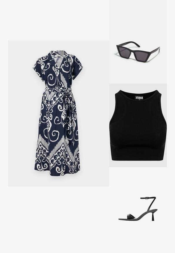 Tummansininen mekko, jossa on valkoisia kiehtovia kuvioita, lyhyet hihat, kauluskotka ja sidottu vyötärö. Kevyt kangas, jossa on virtaava muotoilu.; Mustan ribbattuidun lyhyen toppi, jossa on pyöreä kaula-aukko ja hihaton muotoilu. Valmistettu joustavasta, teksturoidusta kankaasta. Tunnuksessa lukee "Urban Classics."; Bershka Korolliset sandaalit - black; Mustat, kulmikkaat aurinkolasit harmailla linsseillä; valmistettu muovista, paksuilla varsilla, joissa on sileä pinta ja ilman näkyvää metalliosaa.