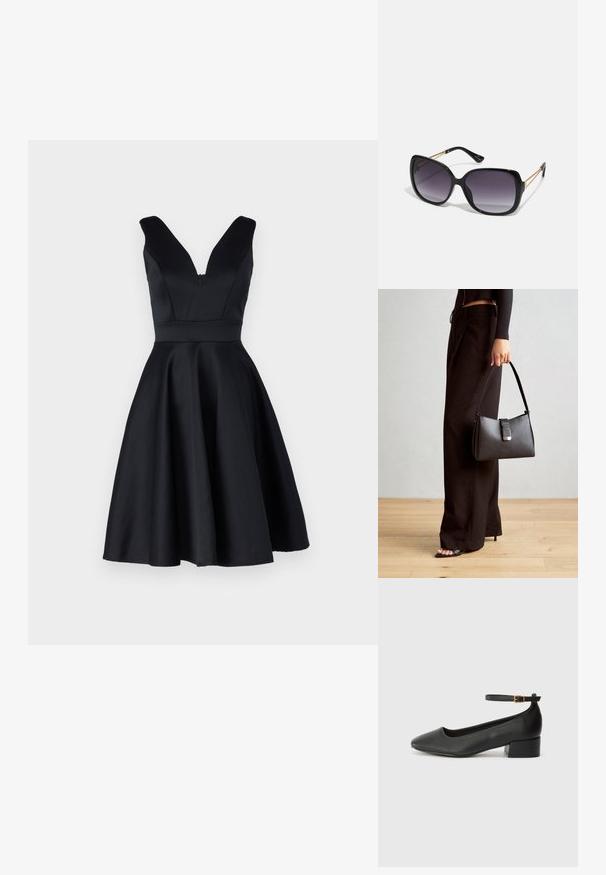 Crna haljina bez rukava s dubokim V-izrezom, tijesnim korzetom i lepršavom suknjom. Napravljena od gladkog materijala, ima skrivenu munja na leđima.; Crne kožne pumpe s oštrim vrhom i niskom blok petom. Sadrže remen oko gležnja s zlatnim kopčanjem. Glatka tekstura.; Crne prevelike sunčane naočale s gradijentnim lećama, debelim okvirom i zlatnim lancem kao detaljem na krakovima.; Crna torba s oblikom koji sadrži strukturu, glađu teksturu i metalnu kopču. Uparena s širokim crnim hlačama i sandalama na otvorenom s drvenog poda.