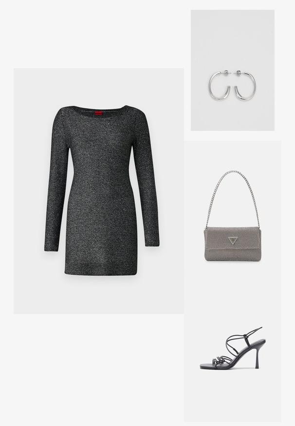 Fekete kötött ruha hosszú ujjal, kerek nyakkivágással és egy enyhe csillogó textúrával. Bordás aljjal és mandzsettával rendelkezik.; Fekete magas sarkú szandálok vékony pántokkal, csomózott mintával, sima négyzetes orral és karcsú stiletto sarkal rendelkeznek.; Világosszürke fémes kézitáska lánc pánttal, kis kör alakú fém kifinomult díszítéssel és háromszög alakú márkagéppel.; Ezüst karika fülbevalók sima, fényes felülettel. Lekerekített forma, könnyű kialakítással, tűs zárómechanizmussal.