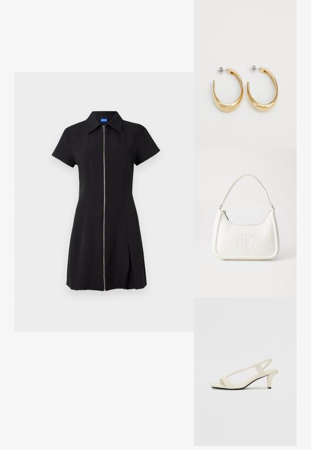 Fekete ruha rövid ujjal, elülső cipzárral, gallérral és oldalsó hasítékkal. Simítású anyagból készült, finom logóval a mellrészen.; Beige színű, blokksarkú szandálok vékony pántokkal és négyzet alakú orral. Simább anyag, minimális részletezéssel, amely könnyű viselésre lett tervezve.; Fehér bőrtáska ívelt formájú, elöl feltűnő "CK" logóval, egyetlen vállpánttal. Cipzáras zárás a tetején.; Aranyszínű karika fülbevalók sima, ívelt dizájnnal. Fémből készültek, elegáns kivitelben, és tűzáras zárással rendelkeznek.