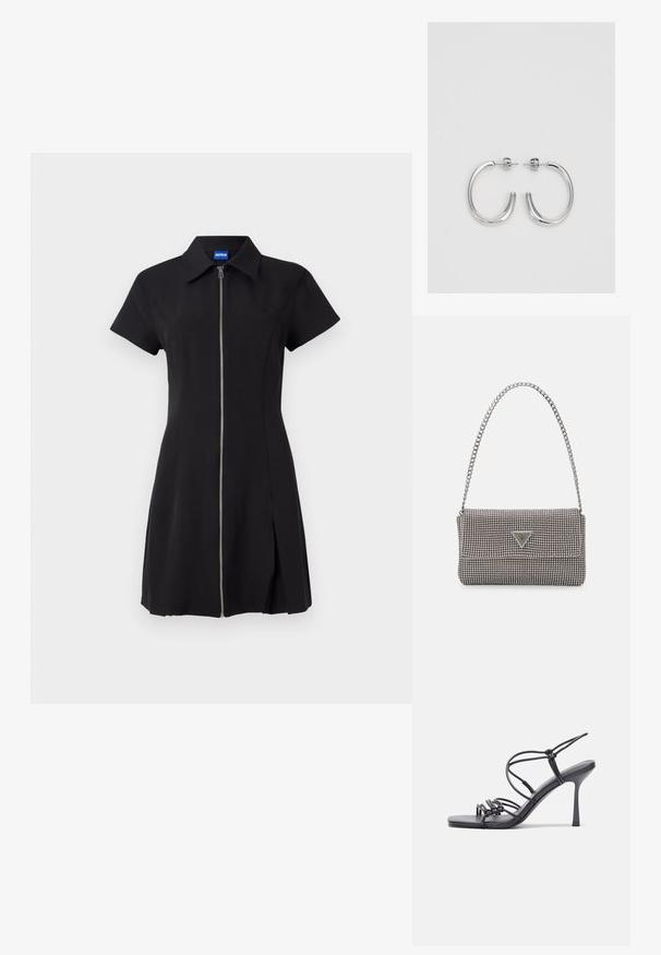 Čierne šaty s krátkymi rukávmi, predným zipsom, golierom a bočným rozparkom. Vyrobené z hladkej látky s jemným logom na hrudi.; Čierne sandále na vysokom podpätku majú tenké remienky s uzlovým dizajnom, hladký štvorcový špičku a elegantný stiletto podpätok.; Svetlošedá metalická kabelka s reťazovým popruhom, ozdobená malými kruhovými kovovými štítkami a trojuholníkovým logom značky.; Strieborné kruhové náušnice s hladkým a lesklým povrchom. Okrúhly tvar, ľahký dizajn, s uzáverom na kolík.