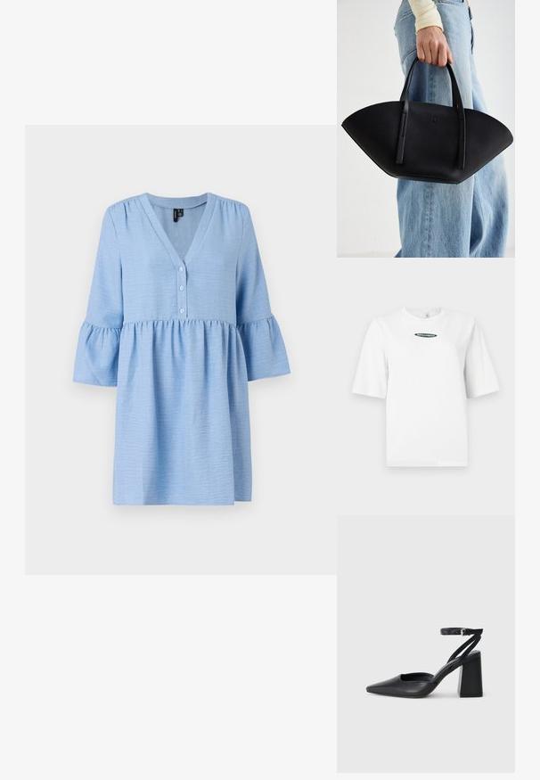 Šviesiai mėlyna tunika su V formos iškirpte, trimis mygtukais ir išsiplėtusiomis trimis ketvirtadaliais ilgomis rankovėmis. Nertinė medžiaga su sutrauktu liemeniu.; Balta trumpomis rankovėmis marškinėliai, pagaminti iš medvilnės, su žaliu "RIPE&FRESH" logotipu, centriniu ovalo dizainu ant krūtinės.; Juoda odinė smailiagalė aukštakulnio bateliai su kulkšnies dirželiu ir storu kulnu. Lygus paviršius, elegantiškas dizainas ir minimalistiška estetinė. ; Juodas odinis rankinis uždangalas unikaliu ventiliatoriaus formos dizainu, turintis plokščias rankenas. Paviršius turi akmeninė tekstūrą ir minimalistišką dizainą.