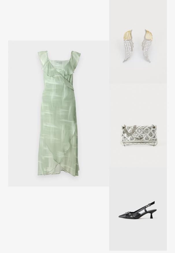 Zelené šaty z lehkého materiálu, s hranatým výstřihem, volánkovými ramínky a asymetrickým lemem s jemným abstraktním vzorem.; Černé kožené slingback boty s špičatou špičkou, dekorativními pásky s kovovými očky a nízkým blokovým podpatkem. Texturovaný povrch.; Stříbrná metalická kabelka s řetízkem, prošívanou texturou, dekorativním stehem a zipovým uzávěrem. Obsahuje embosované detaily na přední straně.; Dvoje náušnic ve tvaru křídel, vyrobené ze stříbrně tónovaného kovu s čirými kulatými kamínky a zlatě tónovanými akcenty v vrstveném designu.