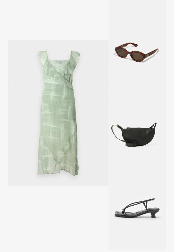 Vestido verde em tecido leve, com decote quadrado, alças com franzido e uma bainha assimétrica com um padrão abstrato sutil.; Sandal de couro preto com tiras finas, salto bloco baixo e biqueira quadrada. Apresenta um fecho de fivela e textura suave.; Óculos de sol tartaruga com armações arredondadas, lentes escuras e detalhes em logotipo dourado nas hastes. Material plástico suave, sem padrões visíveis.; Bolsa transversal de couro preto com formato de meia-lua, superfície texturizada, fecho dourado e alça plana. Design compacto adequado para itens essenciais.