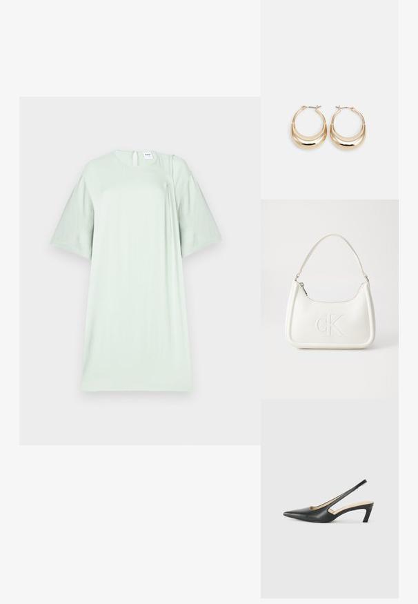 Svetlozelené šaty s krátkymi rukávmi vyrobené z jemnej látky, s okrúhlym výstrihom a decentným otvorom v tvare kľúča na zadnej strane.; Čierne slingback topánky s ostrou špičkou a nízkym opätkom, vyrobené z hladkej kože a s výrezmi na boku pre lepšiu priedušnosť.; Biela kožená kabelka s zakriveným tvarom, na prednej strane s embosovaným logom "CK" a jedným ramenným popruhom. Zipsové zapínanie navrchu.; Zlaté kruhové náušnice s polmesiacovým tvarom, lešteným povrchom a pántovým uzáverom. Hladká textura a reflexný lesk zvyšujú viditeľnosť.