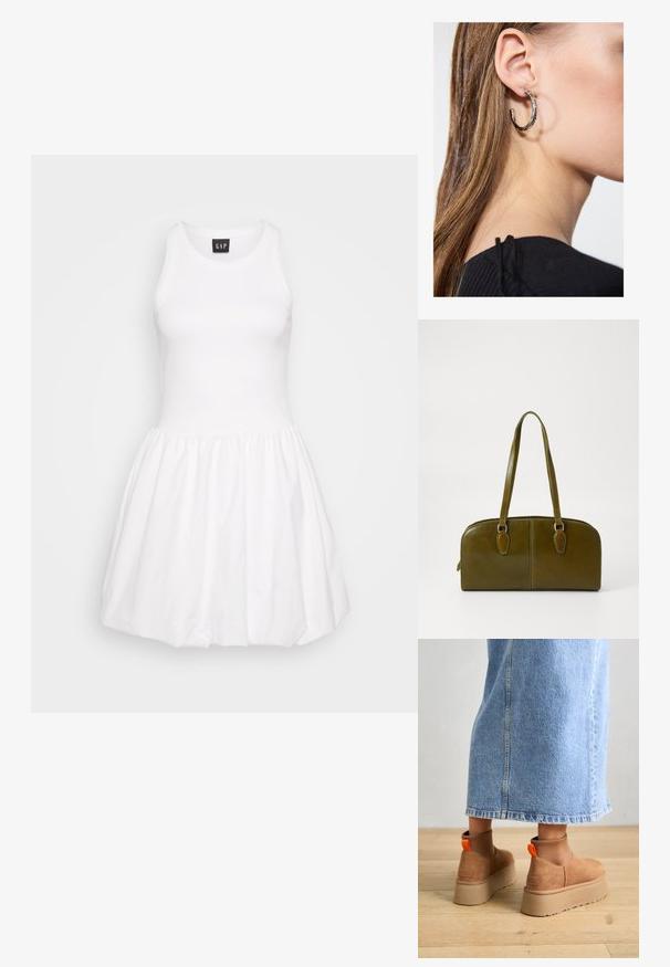 Bílý bezramínkový šaty s přiléhavým korzetem a rozšířenou sukní. Vyrobeno z hladké látky, s žebrovanou strukturou a nařaseným pasem.; Hnědé semišové platformové boty s elastickými bočními panely a oranžovými poutky, spárované s sukní z jasného denimu ke kolenům na dřevěné podlaze.; Oliveově zelená kožená kabelka zaobleného tvaru, se dvěma uchy a bezšvým předním dílem. Disponuje hladkým povrchem a jemnými švy.; Stříbrný kruhový náušník s lesklým povrchem, zdobený malými zlatými akcenty, v kulatém tvaru, nošený na lalůčku.