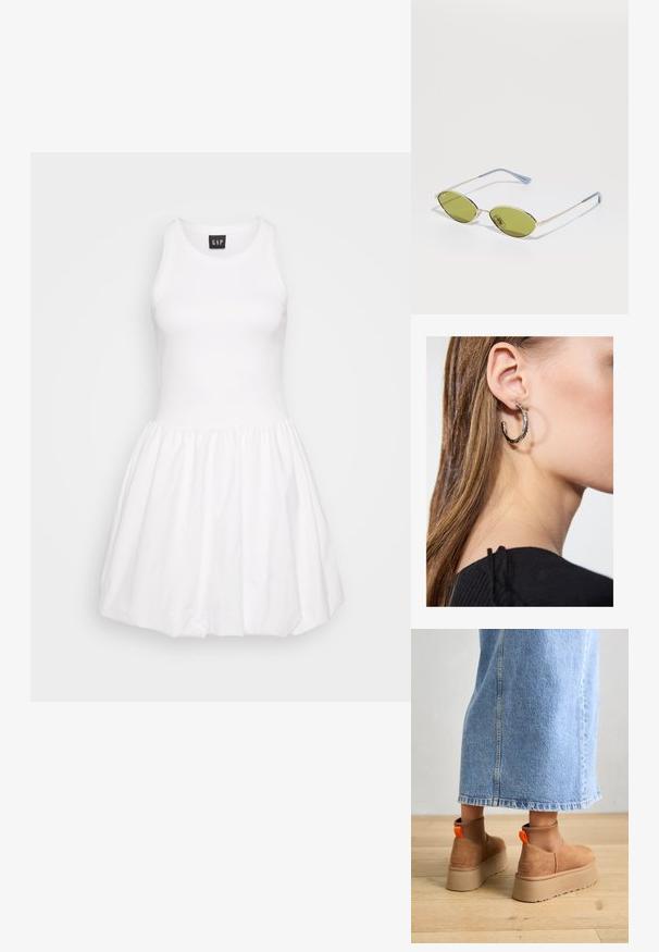 Bela brezrokavna obleka s prilegajočim korpusom in razširjenim krilom. Narejena iz gladkega blaga, ki ima rebrasto teksturo in zboran pas.; Rjave suede platform čizme z elastičnimi stranskimi paneli in oranžnimi zankami, v kombinaciji s svetlobno denim krilom do kolen na lesenem tleh.; Olivnozeleni sončna očala z tankim zlatim okvirjem in modro obarvanimi ročaji. Ovalni leči in minimalističen dizajn.; Srebrna obročasta uhana s polirano površino, ki vključuje majhne zlate poudarke in okroglo obliko, nošena na ušesnem lobu.
