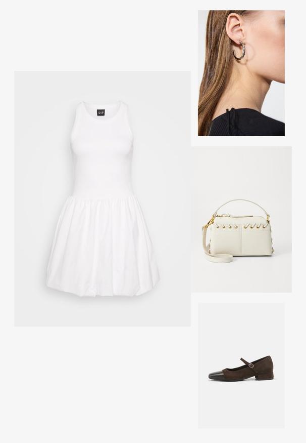 Fehér ujjatlan ruha, melynek alakra szabott felső része és bő szoknyája van. Simább anyagból készült, bordázott textúrával és megkötött derékkal.; Barna velúr Mary Jane cipő fekete lakk bőrből készült orr résszel, állítható pánttal és alacsony blokk sarkával. Simább textúra minimális díszítésekkel.; Fehér műbőr kézi táska, felső cipzárral, rövid fogantyúval és levehető keresztpántos vállpánttal, arany színű fémrészletekkel. Oldalsó fűzés részlet.; Ez egy ezüst fülbevaló, sima felülettel, amelyen apró arany díszítőelemek találhatók. Kerek formájú és a fülcimpán viselik.