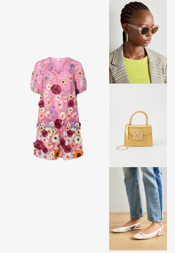 Roosa läbipaistev kleit, millel on kaunid lillelinikud erinevates värvustes, V-kaelus, puhvitud varrukad ja lahtine, voolav disain.; Kahvatu roosa slingback lapikute jalatsite paar, millel on terav varvas, valmistatud siledast nahataolisest materjalist. Omab külgedel lõikekohti ja lapikut kontsa.; Selged kassikujulised prillid pruuni läätsedega ja läbipaistvate raamidega. Mudel kannab roheline sooniktopi ja ruudulist bleiserit. Kuldne rõngas kõrvarõngad.; Kollane faux-krokodilli käsipindaga kott, millel on struktureeritud disain, ülemine käepide, eemaldatav kettmass ja dekoratiivne kristallkaunistus klambril.