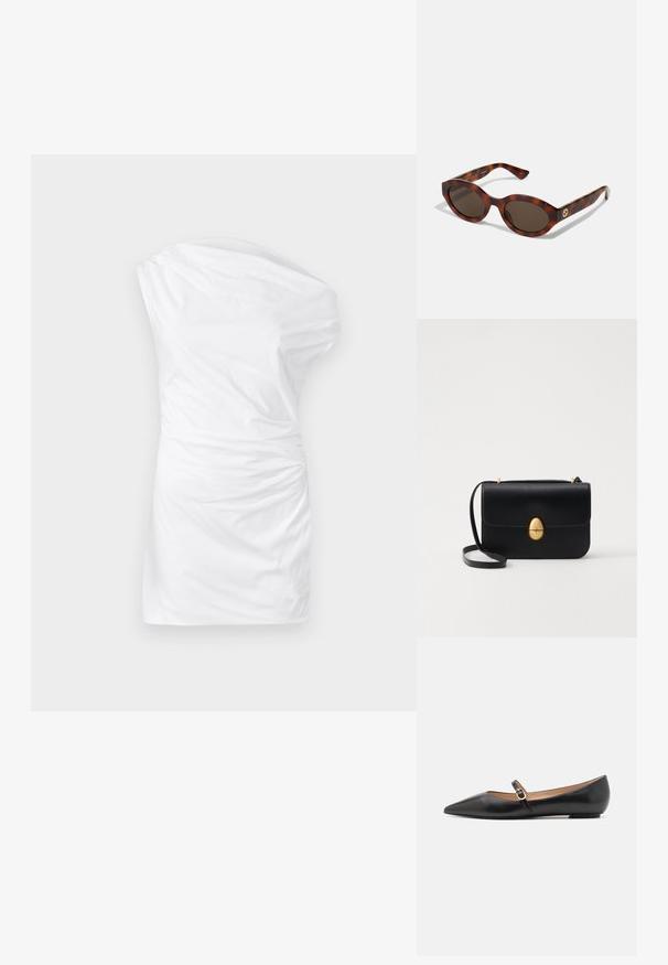 Biele šaty na jedno rameno vyrobené z hladkej tkaniny, s prekrútenou textúrou na boku a priliehavým strihom.; Čierne kožené baletky s špicatou špičkou a bočným remienkom s kruhovým zlatým akcentom. Ľahké s plochou podrážkou.; Žlté slnečné okuliare s okrúhlymi rámami, tmavými sklami a zlatými logovými detailmi na straniciach. Hladký plastový materiál, bez viditeľných vzorov.; Čierna kožená kabelka so štruktúrovaným obdĺžnikovým tvarom. Obsahuje zlaté oválne zapínanie a tenký ramenný popruh. Hladká textura.