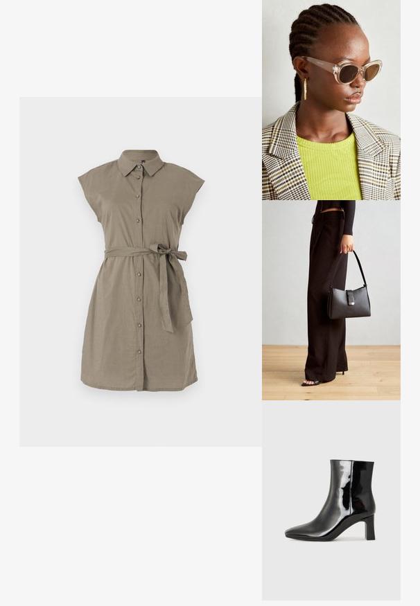 Vestido de linho caqui com mangas curtas, fecho frontal com botões e faixa na cintura. Apresenta um colarinho e uma silhueta descontraída, oferecendo uma textura suave.; Botim de tornozelo em pele sintética preta com bico apontado e salto bloco de altura média. Textura suave e design minimalista.; Óculos de sol estilo cat-eye claros com lentes castanhas e armação transparente. Modelo a usar uma blusa verde com nervuras e um blazer de tecido xadrez. Brincos em forma de argola dourados.; Bolsa preta com forma estruturada, textura suave e um fecho metálico. Combinada com calças largas pretas e sandálias de salto aberto sobre um chão de madeira.