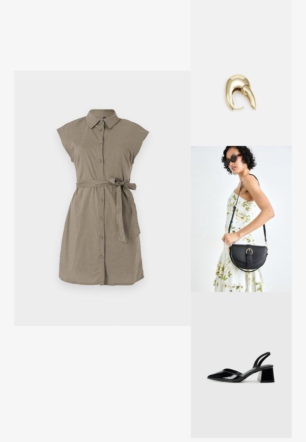 Abito in lino khaki con maniche corte, chiusura a bottoni e cintura in vita. Presenta un colletto e una silhouette rilassata, offrendo una texture morbida.; Décolleté in vernice nera con punta affusolata e tacco in geometria cubica. Presentano un design elegante e minimalista, con una texture liscia.; Borsa a tracolla nera in pelle con una forma curva, manico rimovibile e accessori dorati. La borsa presenta una patta con un dettaglio a fibbia.; Orecchino in metallo color oro con un design elegante e curvo. Presenta una forma appuntita distintiva, superficie lucida e chiusura a cerniera.
