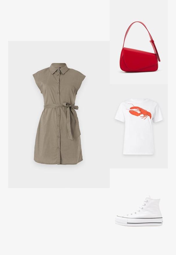 Khaki linasest kleit lühikeste varrukatega, nööpidega ees ja vöö jaoks. Omab kraed ja mugavat siluetti, pakkudes pehmet tekstuuri.; Valge puuvillane T-särk, mille ees on suur erkpunane homaarigraafika. Lühikesed varrukad ja tavaline ümar kaelus.; Valge kõrgem kangast tenniseking, millel on must kummist tald, ees kummist varvasetugi ja kuus aukku paelte jaoks, pakkudes puhta ja minimalistliku disaini.; Punane nahast käekott, millel on nurkadega geomeetriline disain. Omab ühte reguleeritavat rihma ja klappidega sulgemist, millel on õmblustega kaunistused.