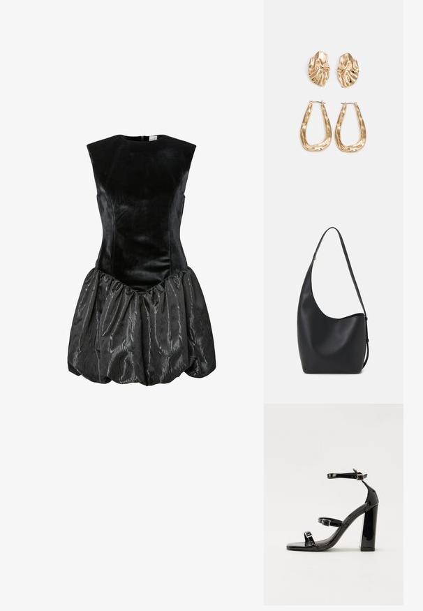 Vestido preto sem mangas com um corpete de veludo ajustado e uma saia de cetim texturizada e franzida, com um aspeto brilhante. Fecho nas costas com zíper.; Sandálias de tacão preto laqueadas com bico quadrado, tiras para o tornozelo e fivelas prateadas. Apresentam um salto bloco chunky para estabilidade.; Saco hobo preto em pele com uma textura lisa, forma curva e uma única alça ajustável; apresenta uma abertura larga na parte de cima.; Brincos em tom de ouro com formas onduladas e texturizadas. Inclui studs escultóricos com presilha e um design de argola aberta com um acabamento martelado.