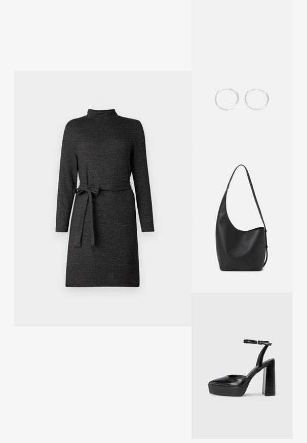 Pelēks garlaicīgs kleita ar augstu kakla izgriezumu un atvienojamu jostu viduklī, izgatavota no mīksta, teksturēta auduma.; Melnas platformas papēžs ar norādītu purngala formu un regulējamu potītes siksniņu. Izgatavotas no gludas ādas, ar masīvu bloku papēdi.; Melnas ādas hobo soma ar gludu tekstūru, izliekta forma un vienu regulējamu jostu; augšā ir plaša atvere.; Sudraba riņķa auskari ar elegantu, apaļu dizainu, kas izceļas ar gludu virsmu un bez redzamām rotājumām. Diametrs netiek norādīts.
