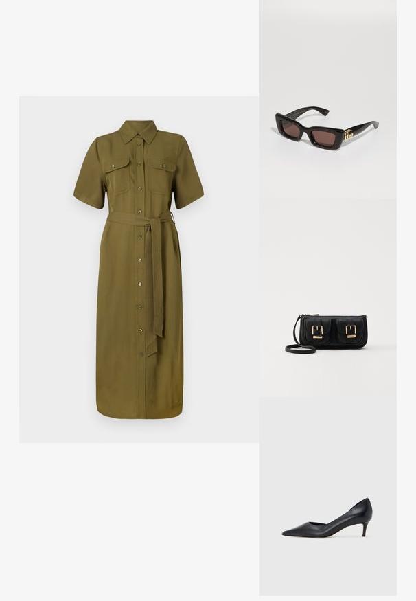 Khaki színű ingruha, rövid ujjú, gombos elülső rész, két mellzseb, öves derék, középhosszú, sima szövet textúra.; Fekete bőr magassarkú cipő hegyes orral és alacsony sarokkal. Sima felülettel és enyhe fényű kialakítással rendelkezik. Az elején nyitott részlet a fokozott díszítésért.; Fekete teknőctoll mintás napszemüveg téglalap alakú lencsékkel, barna színű árnyékolással, vastag kerettel és arany kettős G logó díszítéssel a szárakon.; Fekete bőr keresztbody táska két elülső zsebbel, arany csattokkal, cipzáras záródással és vékony pánttal. Textúrált felület és kompakt téglalap alak.; Lauren Ralph Lauren BASIC SMALL HOOP - Fülbevalók - gold-coloured