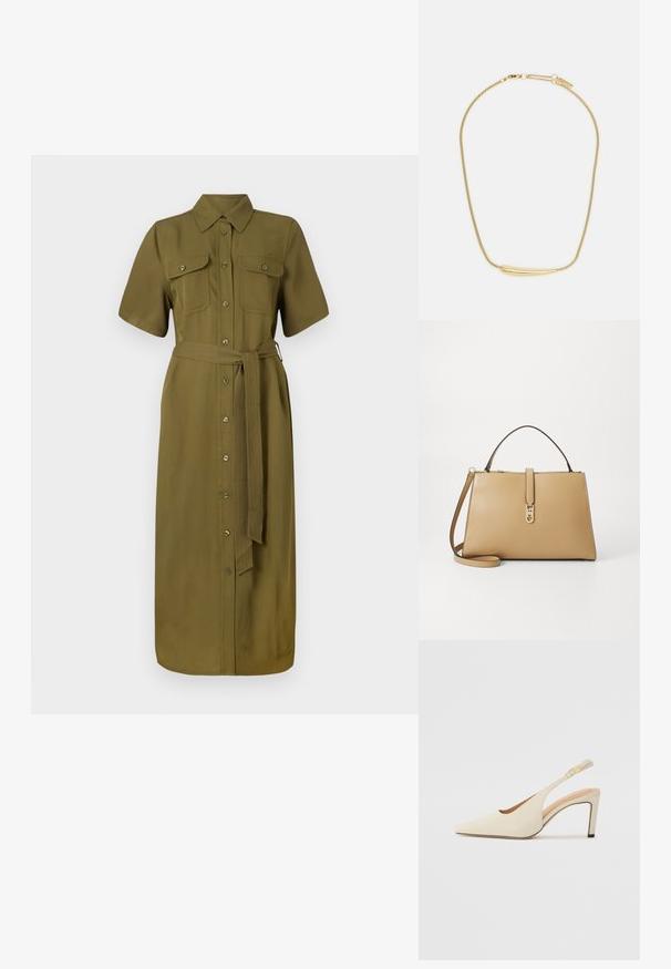 Khaki színű ingruha, rövid ujjú, gombos elülső rész, két mellzseb, öves derék, középhosszú, sima szövet textúra.; Beige bőr, slingback sarkú cipők, hegyes orral, nyitott oldalú kialakítással és vékony magas sarkú talppal. Arany díszítéssel rendelkezik a pánton.; Tommy Hilfiger LIBRE SATCHEL - Kézitáska - safari; Aranyozott nyaklánc sima, ívelt középső díszítéssel. Rugalmas lánccal rendelkezik, homárzárral és további állítható láncszemekkel.